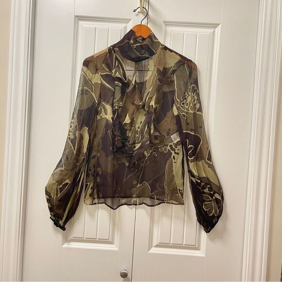 Escada Olive Multicolour 100% Silk Ruffle Blouse - EU 34 - Picture 2 of 16